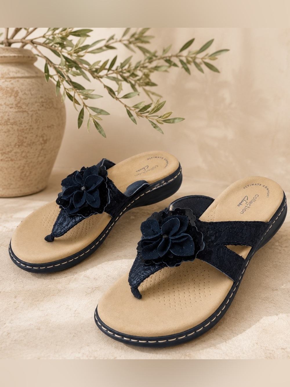 Clarks Adjustable Black Floral Thong Sandals - Slip-On Comfort